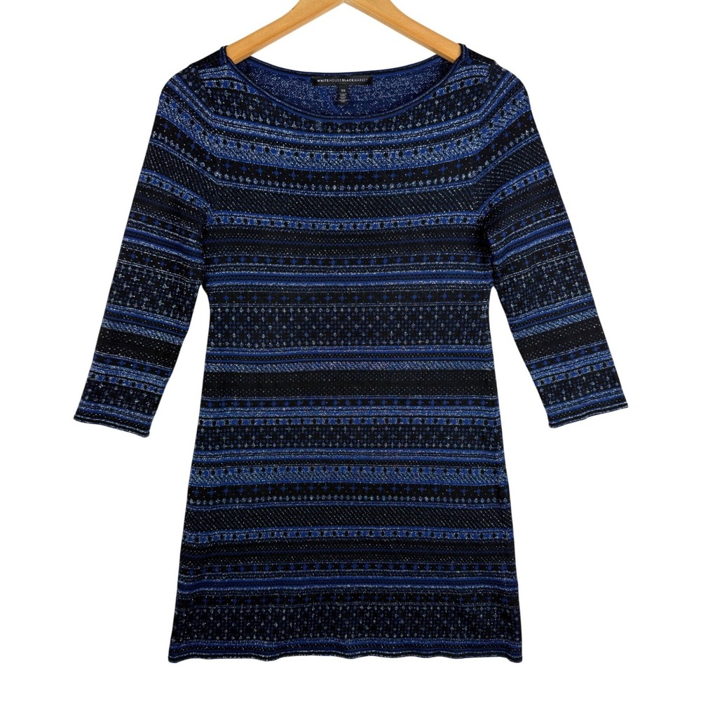 White House Black Market Metallic Striped Knit 3/4 Sleeve Dress size XS Black/Bl